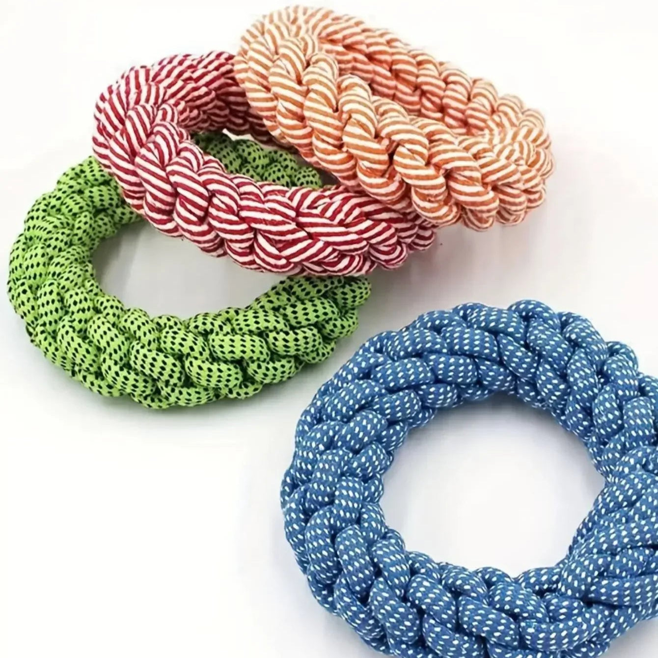 Three colorful rope bracelets on a white background