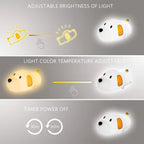 Dog-shaped night light with adjustable brightness, colour temperature, and timer on a grey background.
