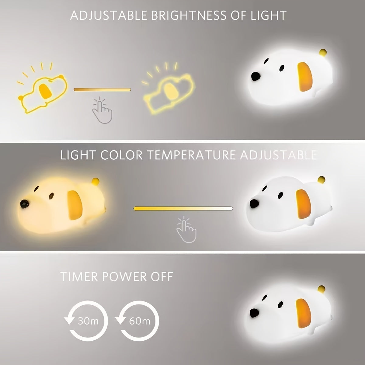 Dog-shaped night light with adjustable brightness, colour temperature, and timer on a grey background.