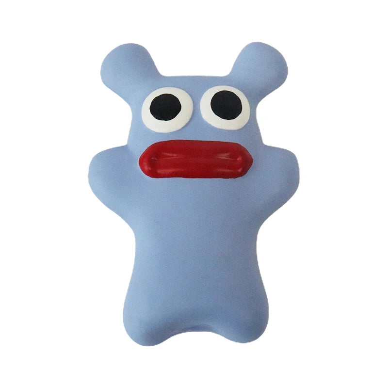 Blue dog toy creature with googly eyes and a red mouth on a white background