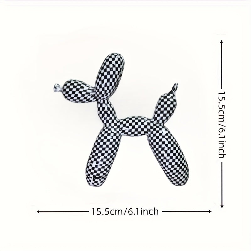 Black and white checkered dog toy shaped like a balloon with dimensions on a white background