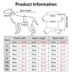Product information chart for dog clothing sizes with measurements.