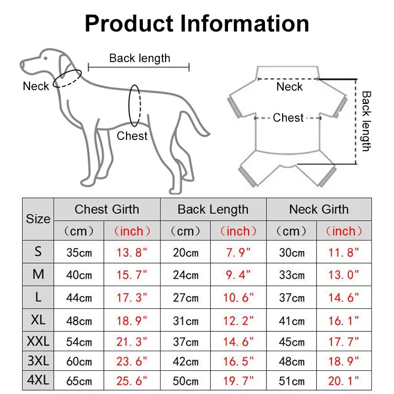 Product information chart for dog clothing sizes with measurements.