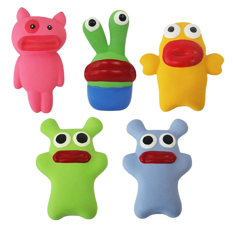 Five colourful rubber dog toys on a white background