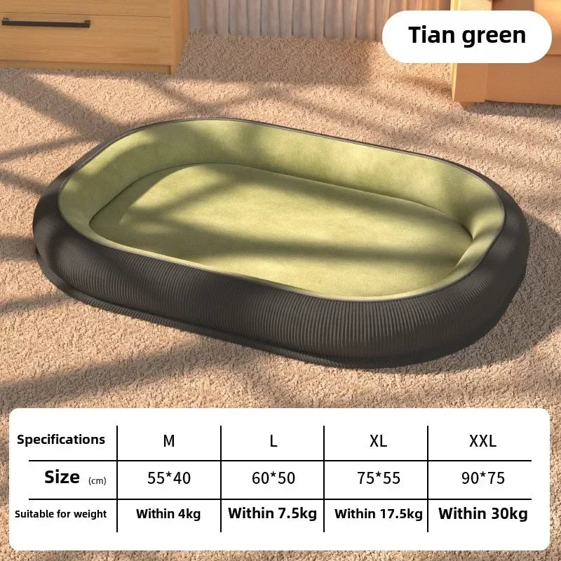 Green pet bed with black rim on a carpeted floor, labeled 'Tian green'.