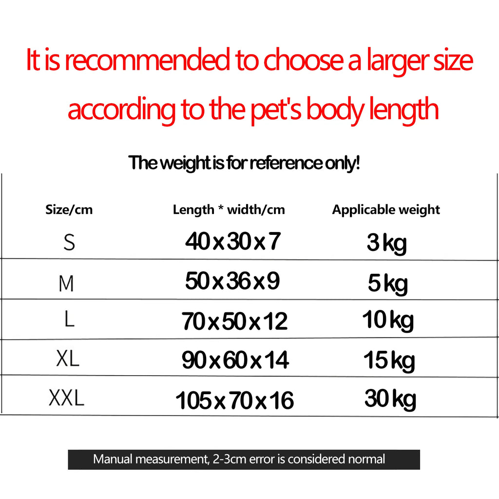 Size chart for dog bed with dimensions and weight capacity