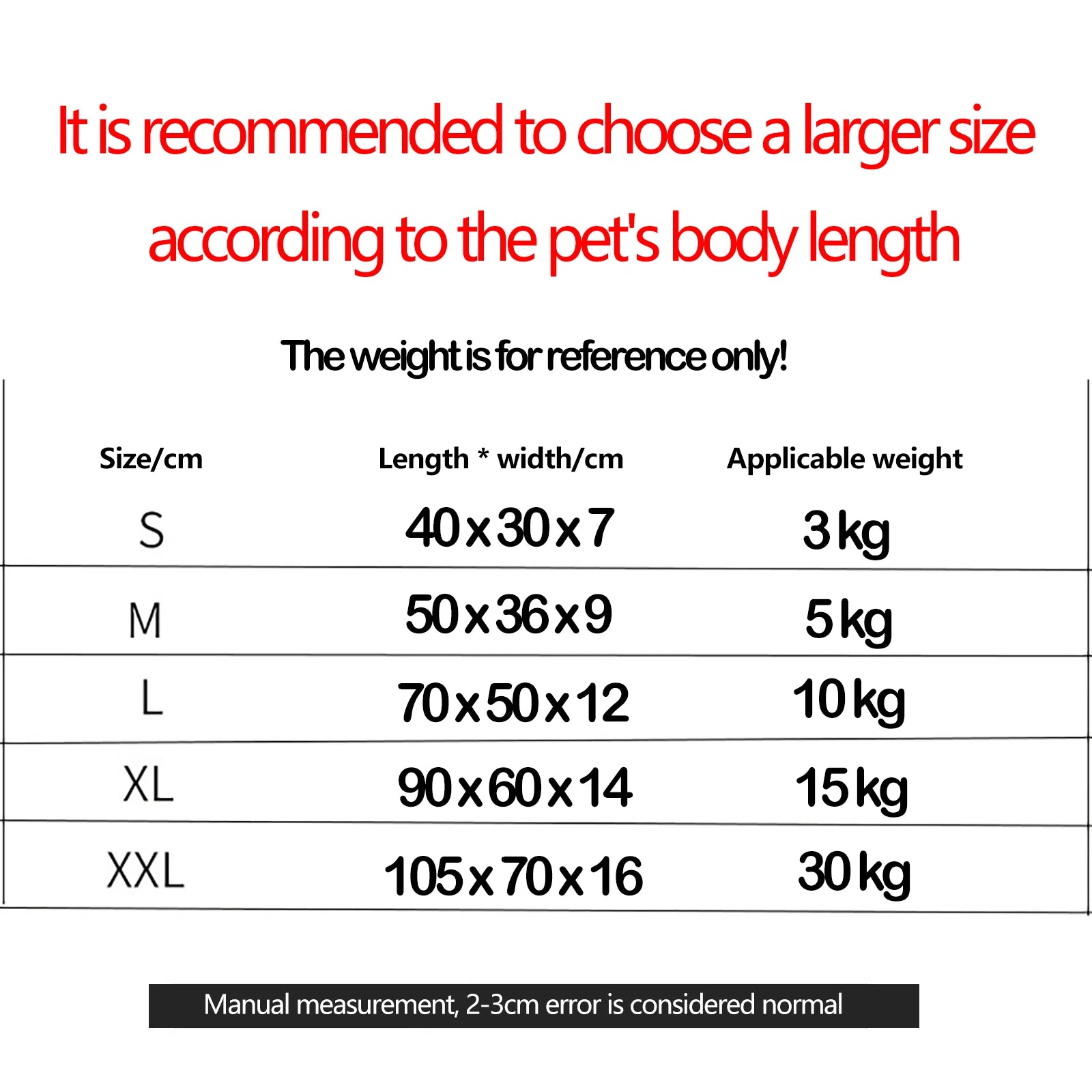 Size chart for dog bed with dimensions and weight capacity