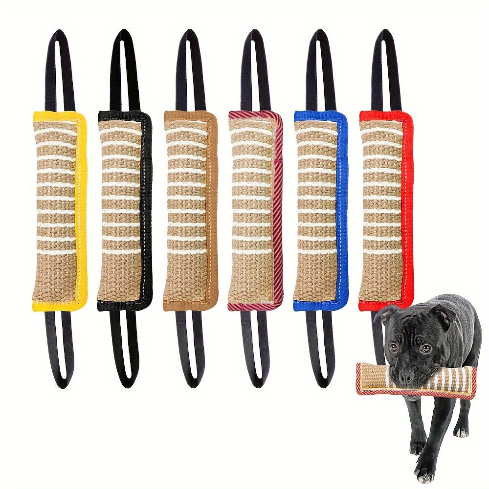 Set of dog chew toys with a dog holding one toy on a white background