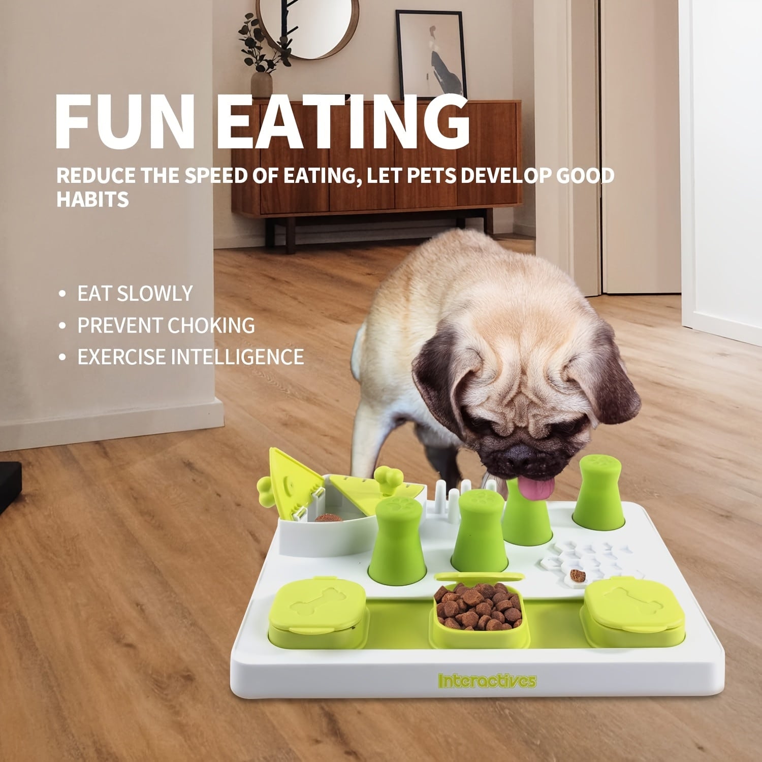 Dog interacting with a fun eating device on a wooden floor.