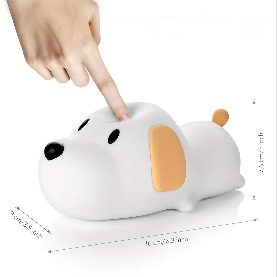 White dog-shaped object with a hand pressing its head, measurements indicated on the right.