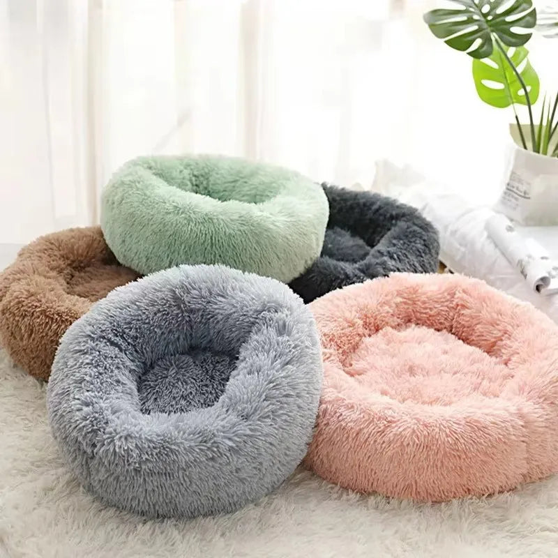 Four plush donut-shaped pet beds in different colors on a light surface.