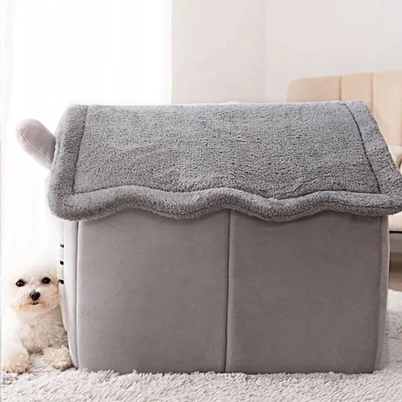 Gray pet bed with a fluffy top in a room setting