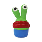 Colourful dog toy with a green body, red mouth, and blue base on a white background