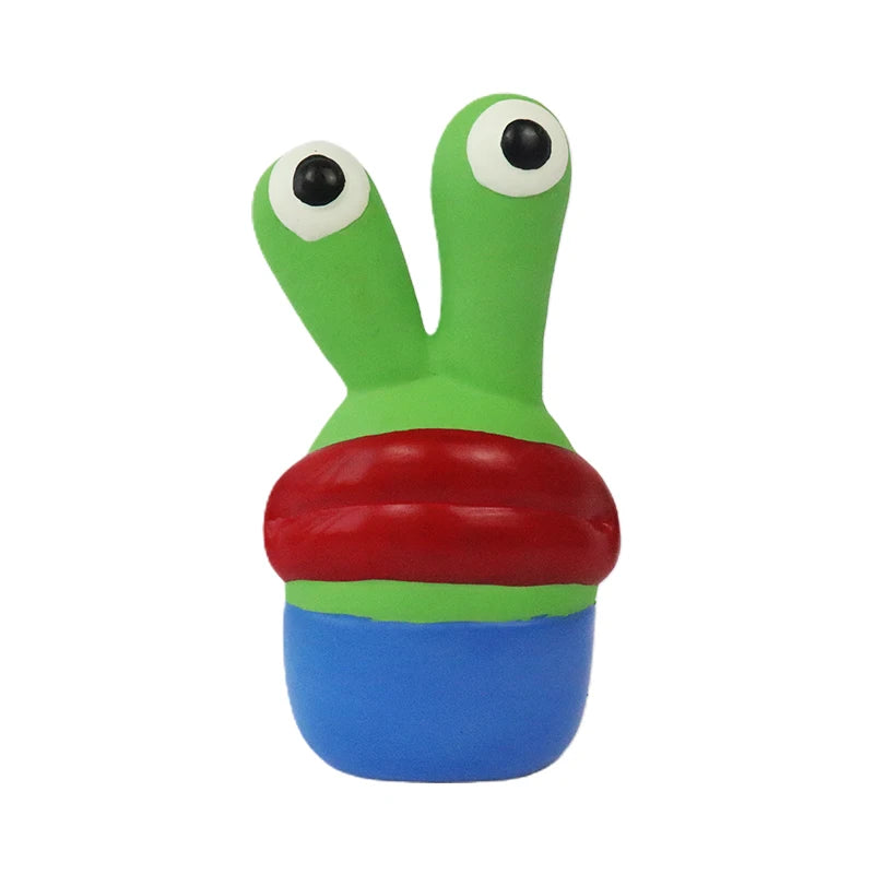 Colourful dog toy with a green body, red mouth, and blue base on a white background