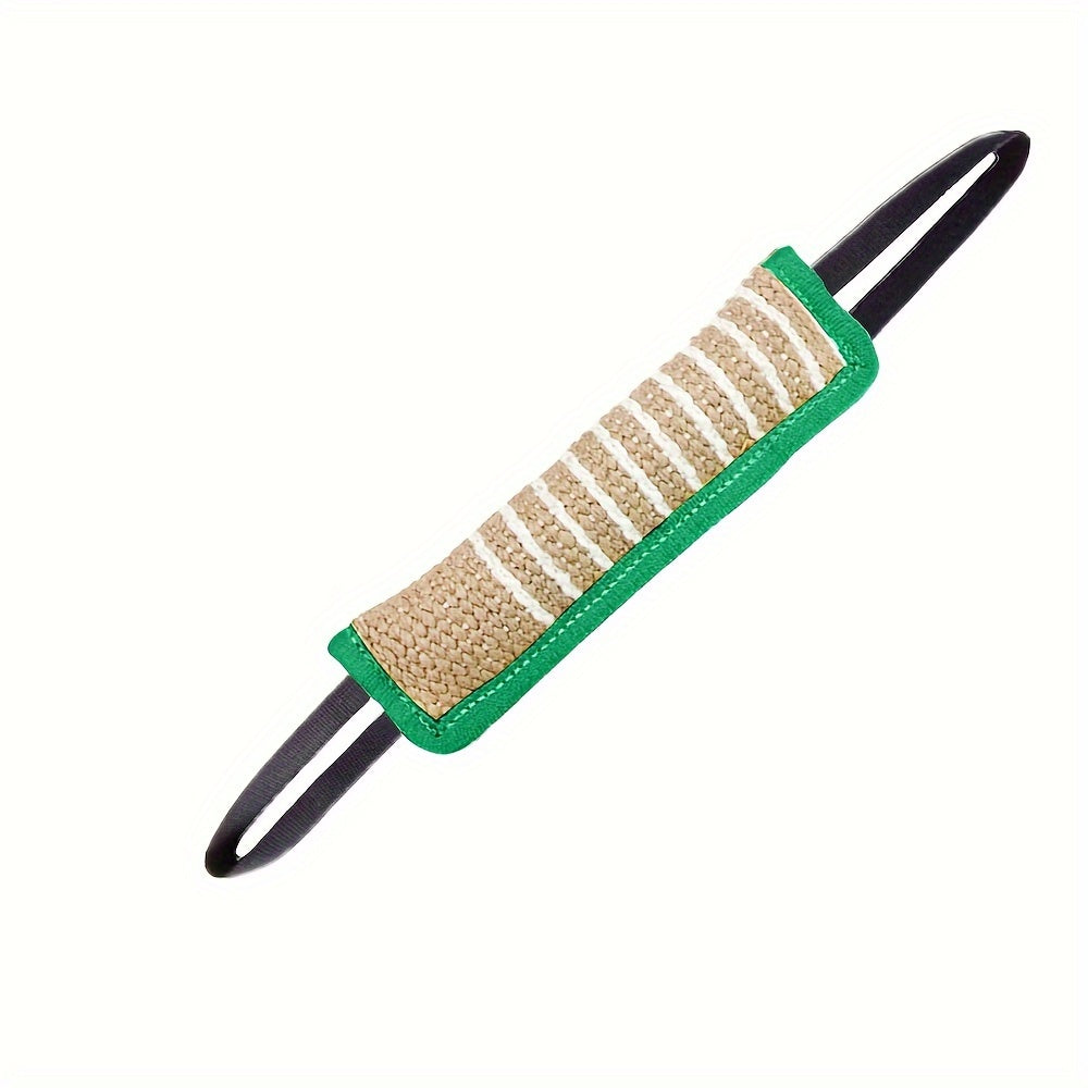 Pet toy with a black handle and green and beige textured grip on a white background