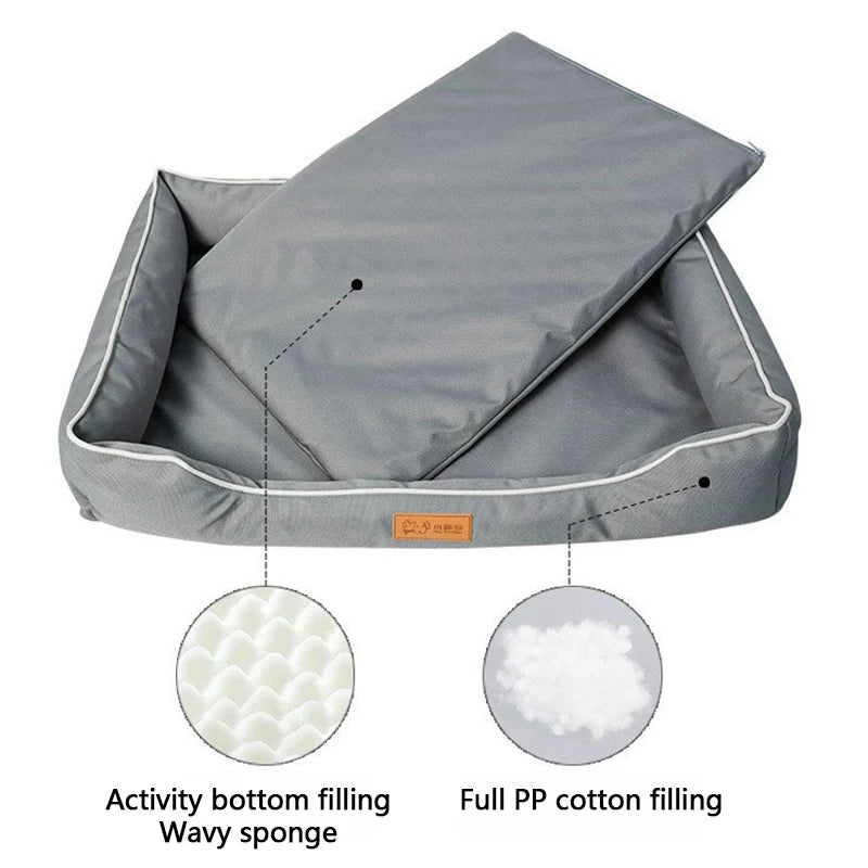 Grey pet bed with wavy sponge and PP cotton filling on a white background