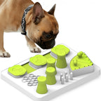 Dog interacting with a puzzle toy on a white background