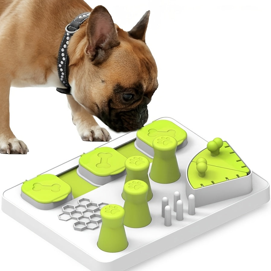 Dog interacting with a puzzle toy on a white background