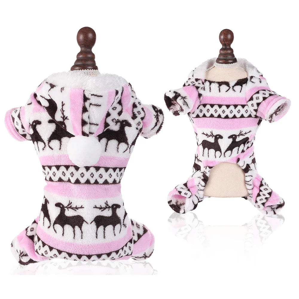 Pet outfit with pink and white pattern on a mannequin against a white background