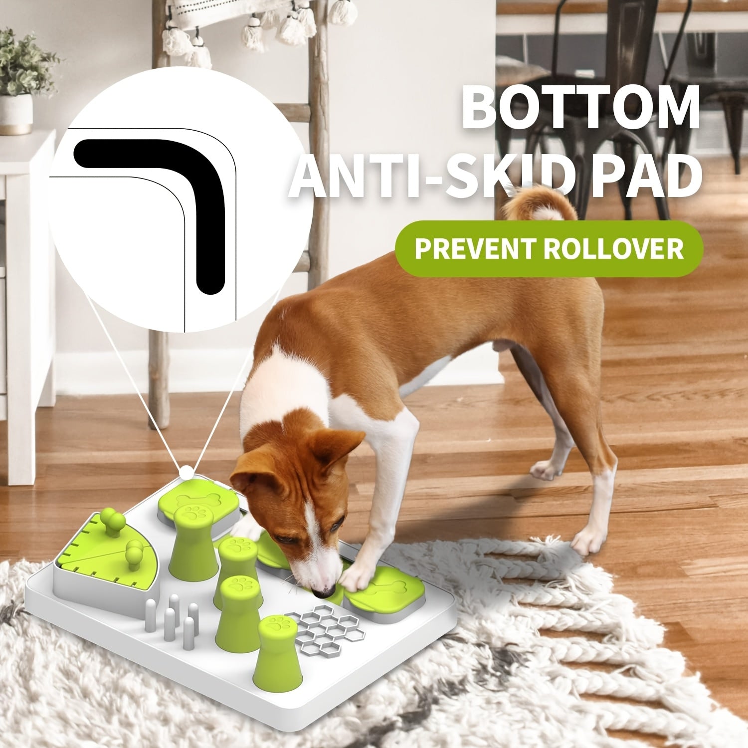 Dog interacting with a green and white puzzle toy on a wooden floor.