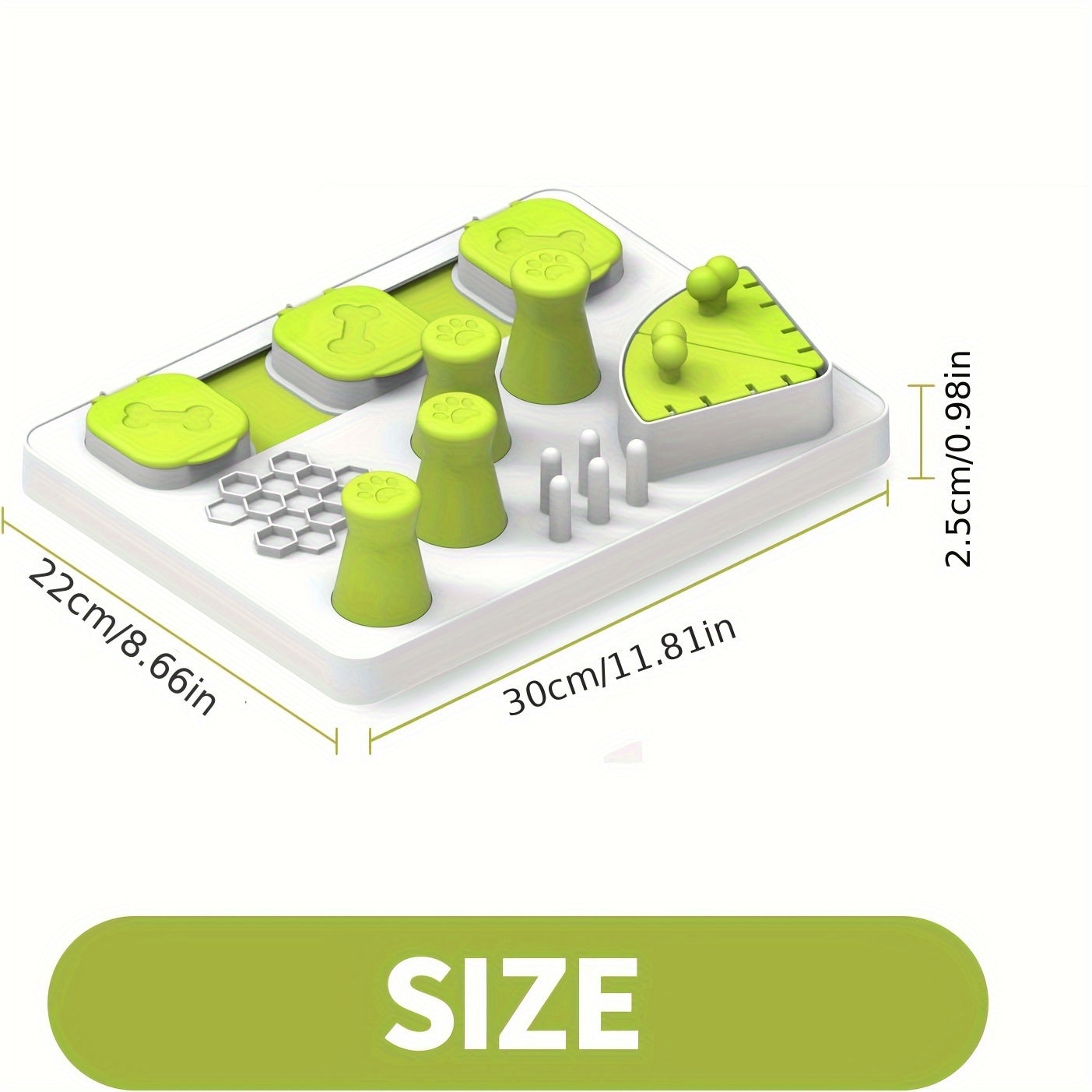 Dog puzzle toy with green pieces on a white background, showing dimensions.