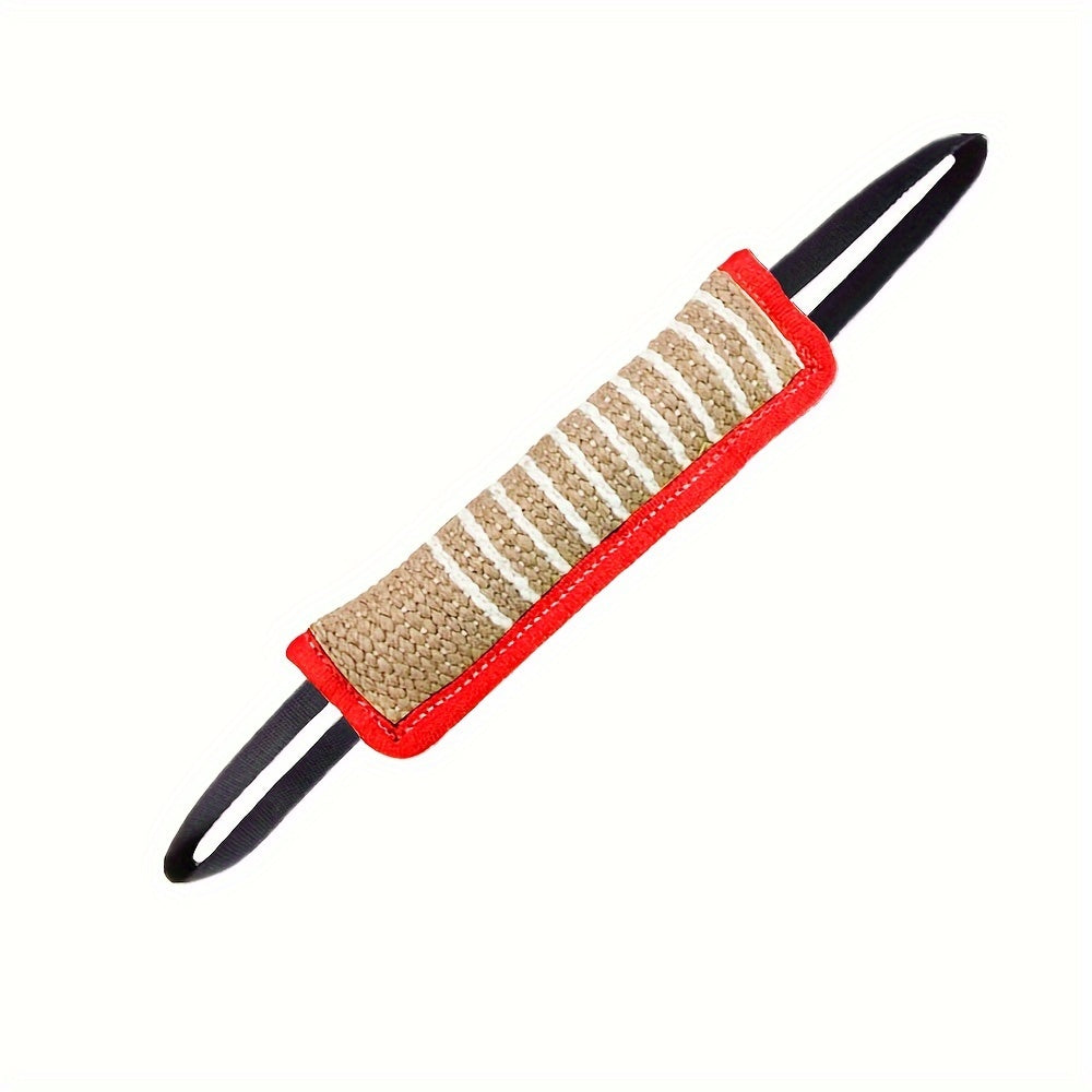 dog tug toy with red and beige striped design on a white background
