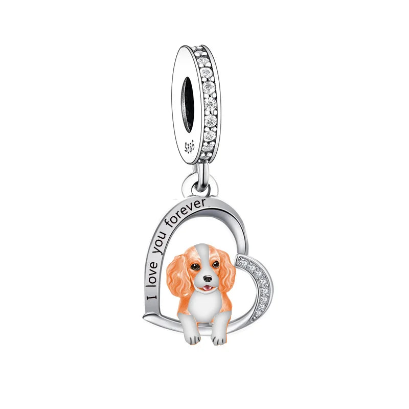 Pendant charm with a dog illustration and 'I love you forever' text on a white background