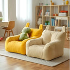 Two colourful dog sofabeds in a room with a bookshelf and desk.