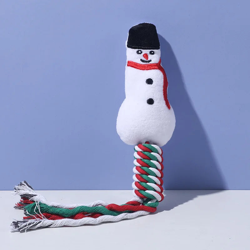 Snowman-shaped dog toy with a rope on a light blue background