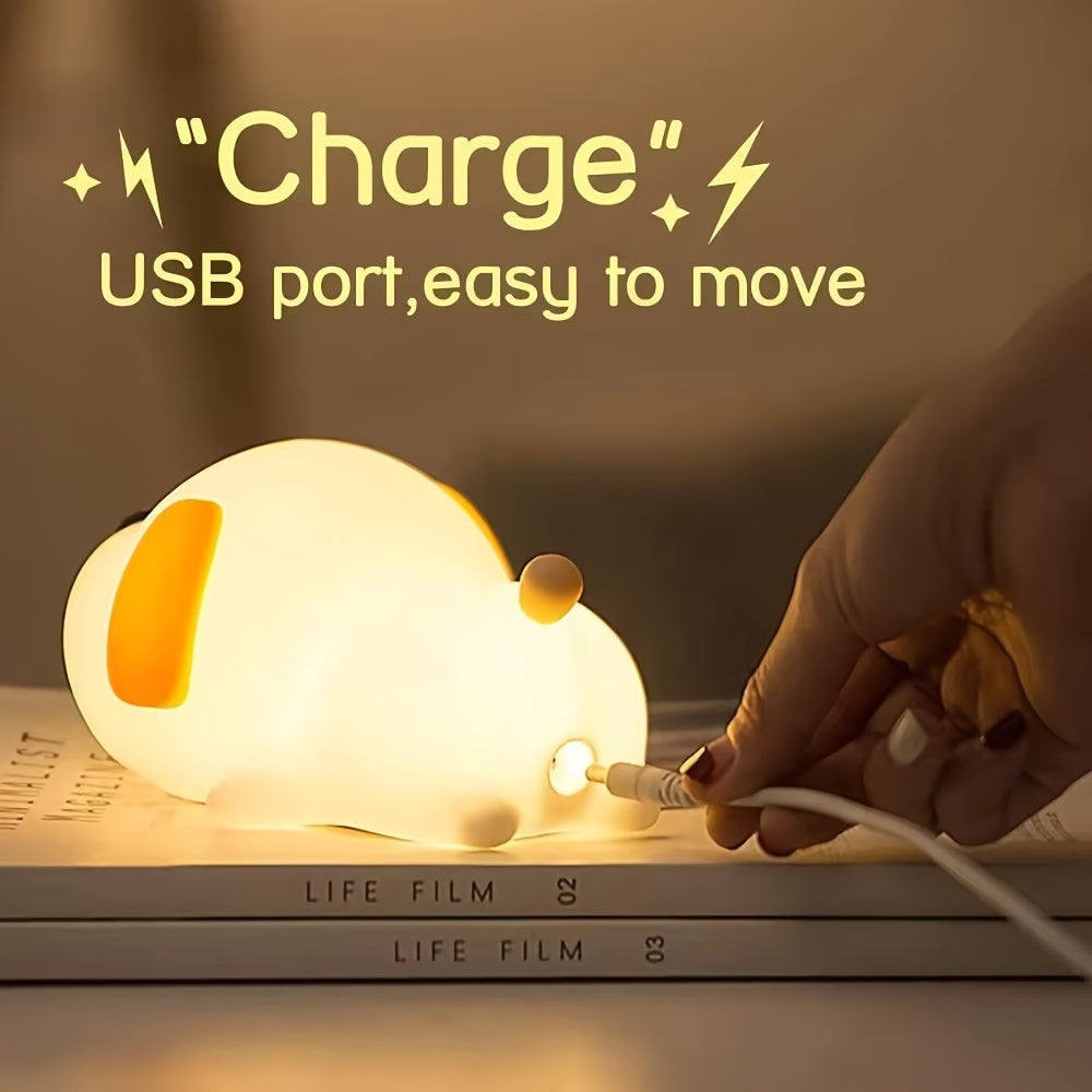 Hand plugging a cable into a glowing night light shaped like a dog, with text indicating USB port ease of use.