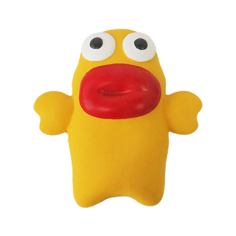 Yellow cartoon-like character dog toy with a red mouth on a white background