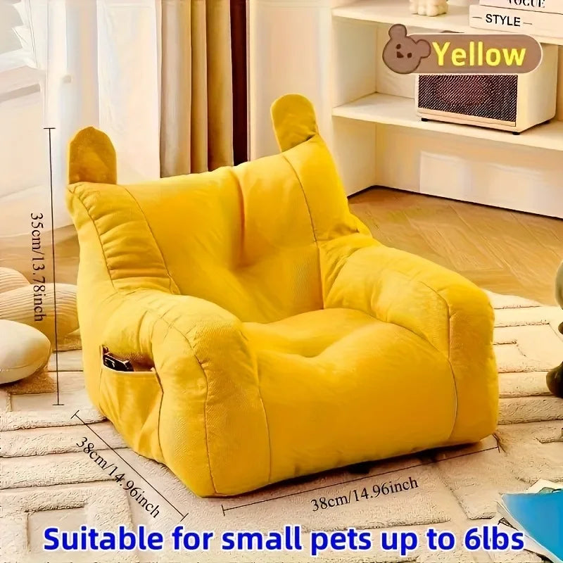 Yellow pet chair with dimensions and suitability for small pets up to 6lbs in a room setting.